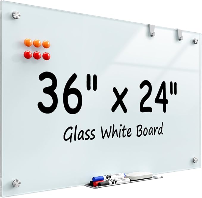MaxGear Glass Whiteboard 36x24 Inches Wall Mounted, Magnetic White Board by MaxGear