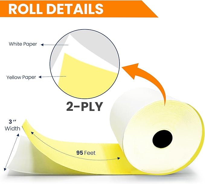2 Ply Kitchen Printer Paper White/Yellow Carbonless Rolls 3” x 95 Feet Receipt - Image 2