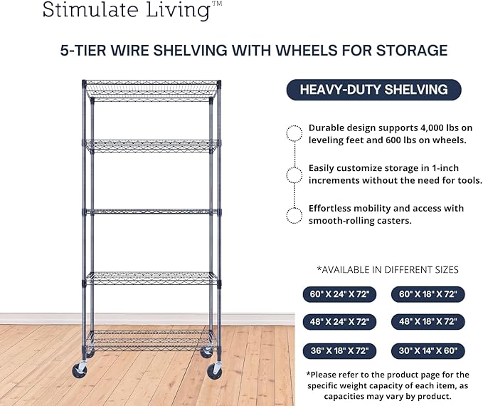 36"x18"x72" Prime Heavy Duty Black 5-Tier Wire Shelving NSF 4000 LBS MAX - Image 6