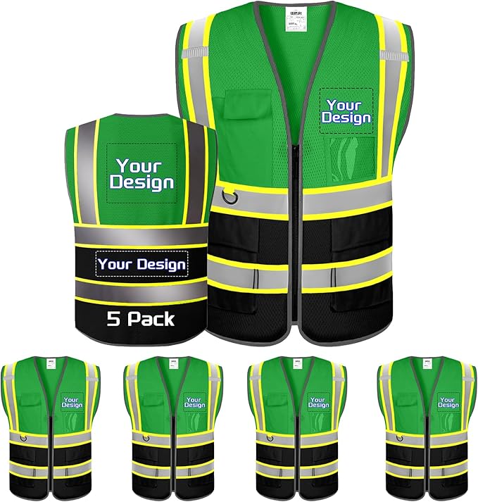 Custom Safety Vest with Logo Pockets High Visibility Reflective Vests by CustomTok