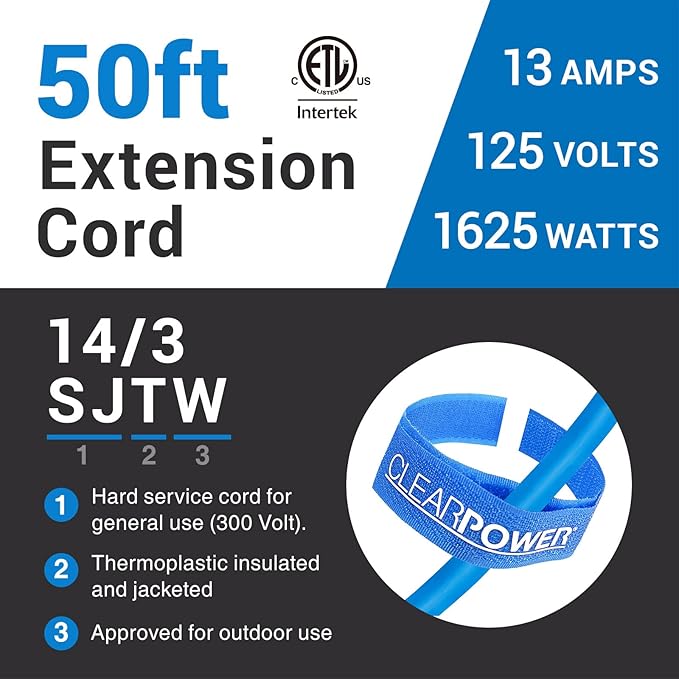 Clear Power 50 ft 14/3 SJTW -50°C Extreme Cold Weather Outdoor Extension Cord - Image 2