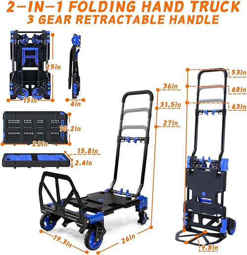 2-in-1 Folding Hand Truck with Folding Basket, Hand Truck with Retractable - Image 2