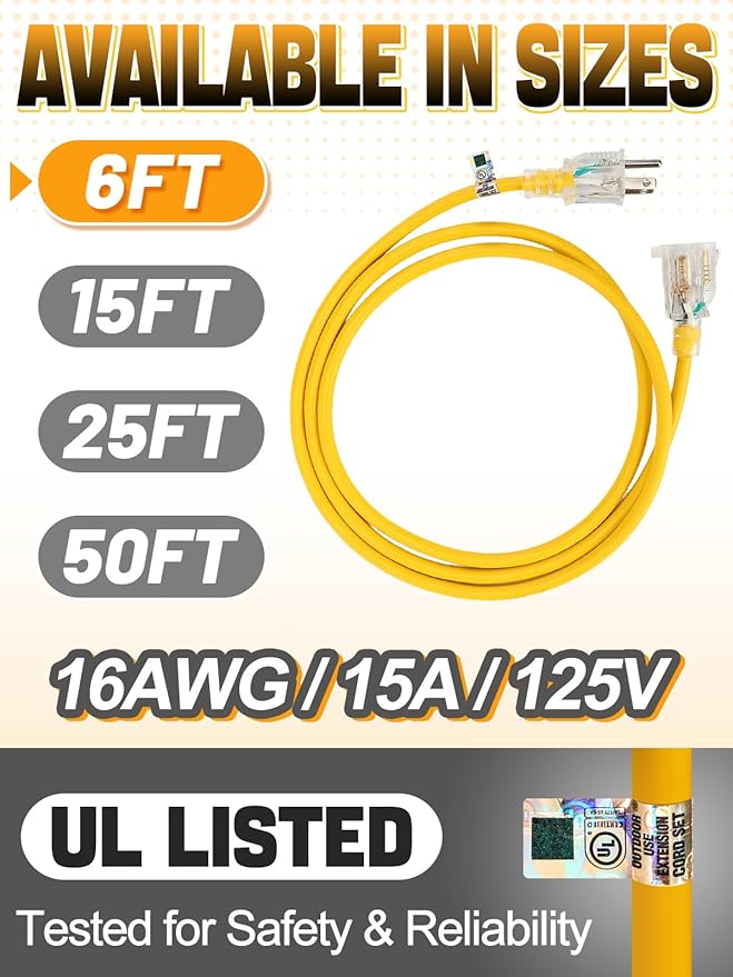 Lighted End Heavy Duty Outdoor Extension Cord Waterproof -16AWG, 3 Prong - Image 5