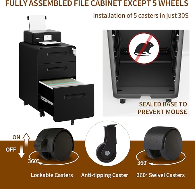 3 Drawer File Cabinet with Lock and 4 Keys, Mobile Metal Filing Cabinet - Image 9