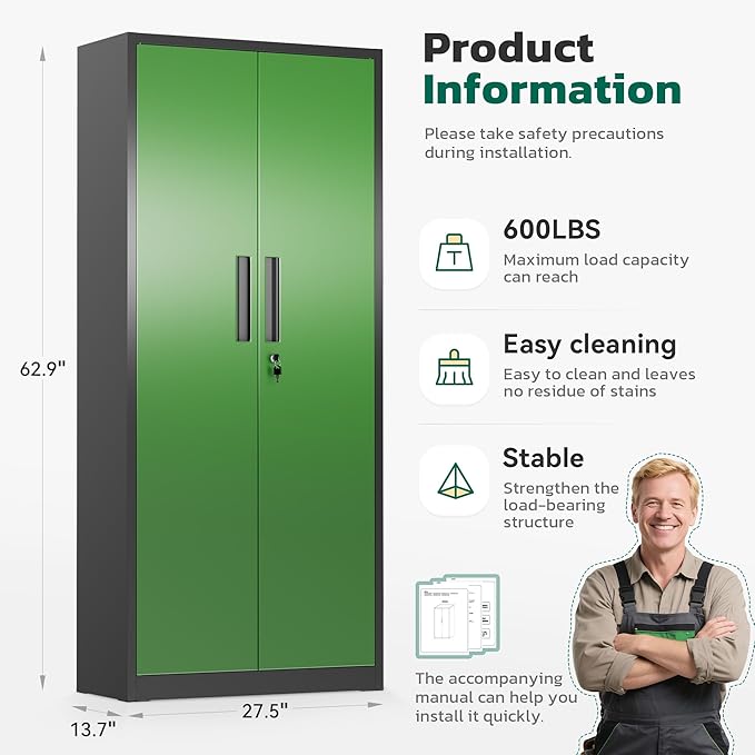 Greenvelly 63" H Metal Storage Cabinet Black Green, Locking Metal Cabinet - Image 2