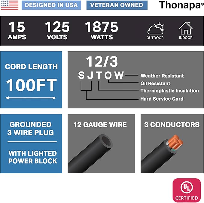 12/3 Black Oil Resistant Extension Cord 100 ft, SJTOW 12 Gauge Heavy Duty - Image 2