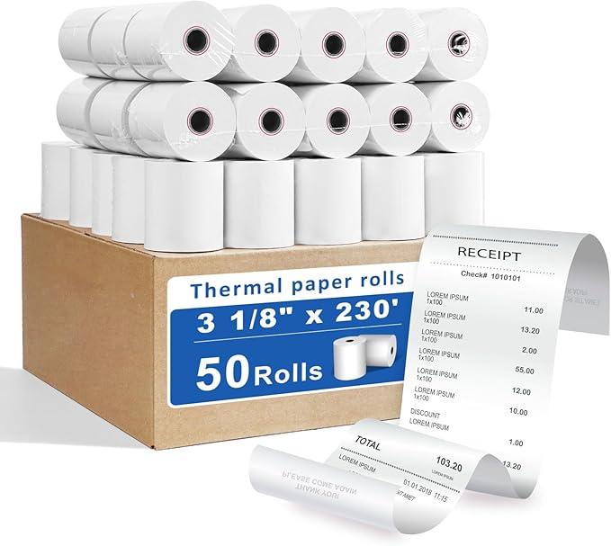 3 1/8 X 230 Thermal Receipt Paper Rolls- Fits All Pos Cash Registers, by Razuvo