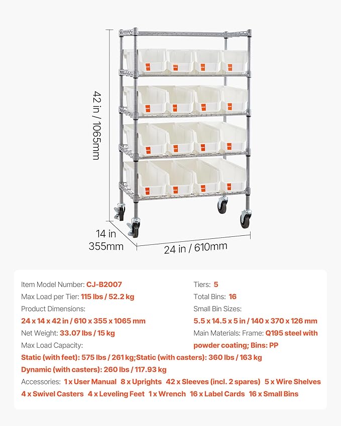 VEVOR 5-Tier Rolling Bin Storage Rack, 16 Organizer Bins, Bin Rack Storage - Image 7