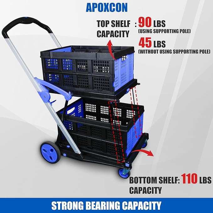 Collapsible Shopping Cart with 2 Storage Crates 2-Tier Portable Utility Cart - Image 3
