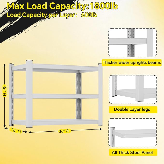 CJF Metal Storage Shelves, 3-Tier Garage Shelving Unit, Heavy Duty Adjustable - Image 3
