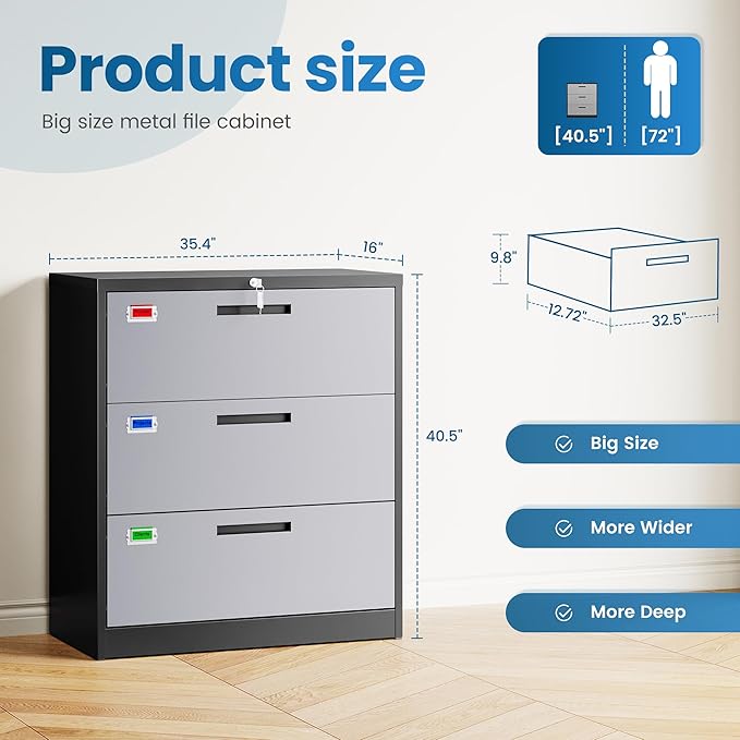 3 Drawer File Cabinet, Lateral Filing Cabinets - Image 2