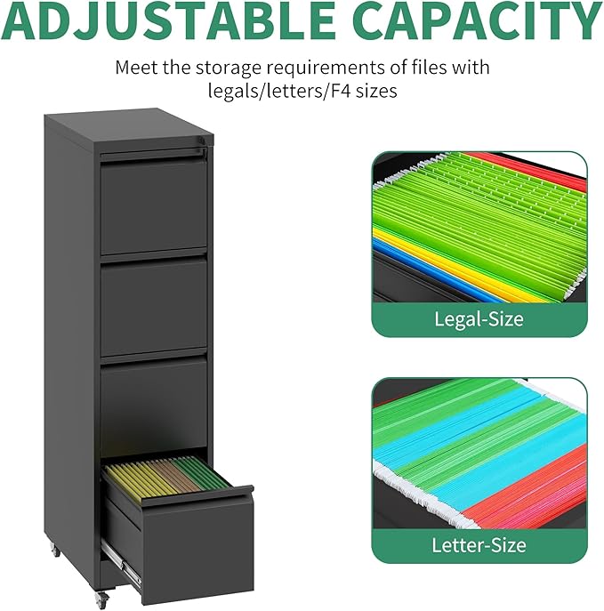 4 Drawer Mobile File Cabinet, Under Desk File Cabinet, Metal Filing Cabinets - Image 6