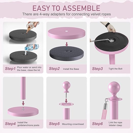 kaiyomi 4Pcs Stanchions with Pink Velvet Ropes Set, 5 Feet Velvet Ropes and - Image 5