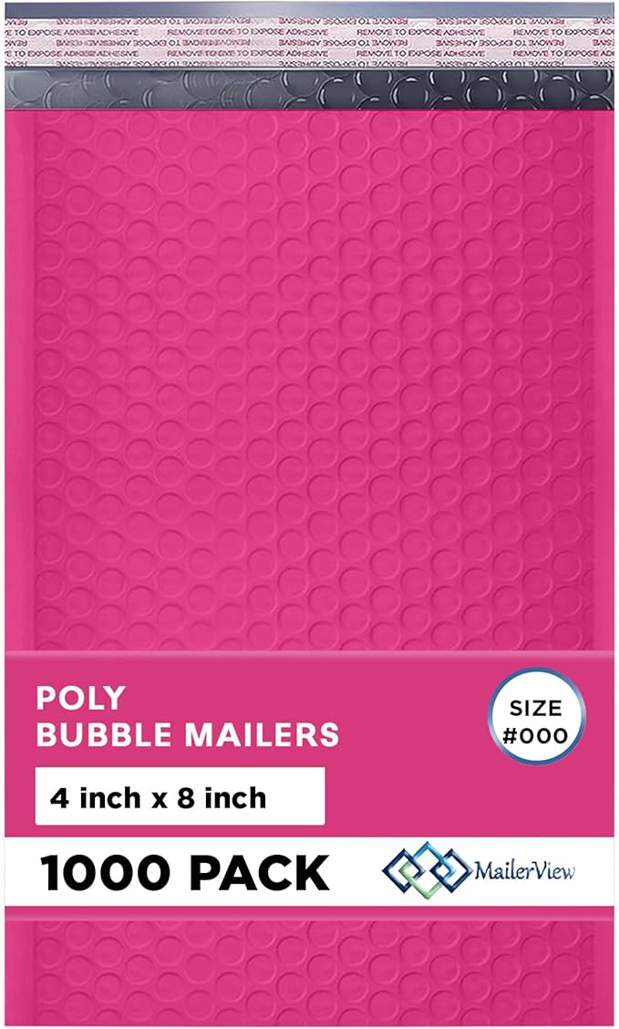 Hot Pink Small Bubble Mailers 4x8 Inch #000 | Thick Padded Poly Bubble Mailer by MAILERVIEW