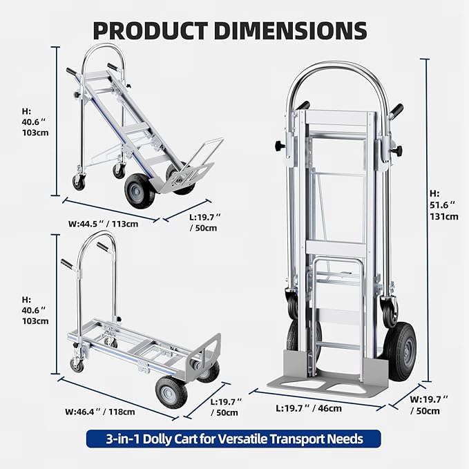 Hand Trucks Heavy Duty Aluminum Dolly Cart, 3 in 1 Design 1000 Lbs Capacity - Image 4