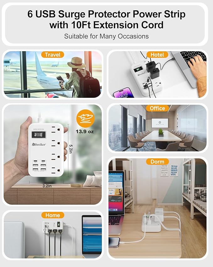 6 USB Surge Protector Power Strip- 10 Ft Extension Cord - Image 7