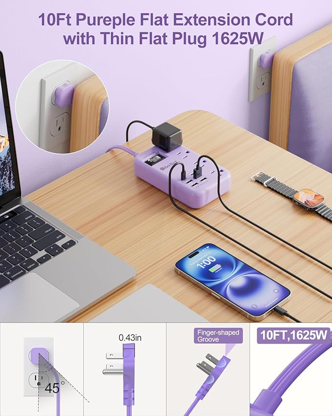 6 USB Purple Surge Protector Power Strip- 10 Ft Purple Extension Cord - Image 3