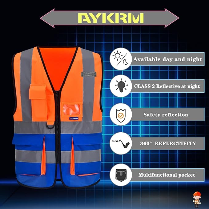 Orange Blue 4XL 5XL High Visibility REFLECTIVE WORK Safety Vest - Image 4