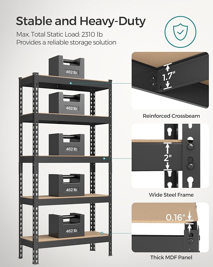 SONGMICS 5-Tier Storage Shelves, Load 2310 lb, Garage Storage, Boltless Assembly - Image 4