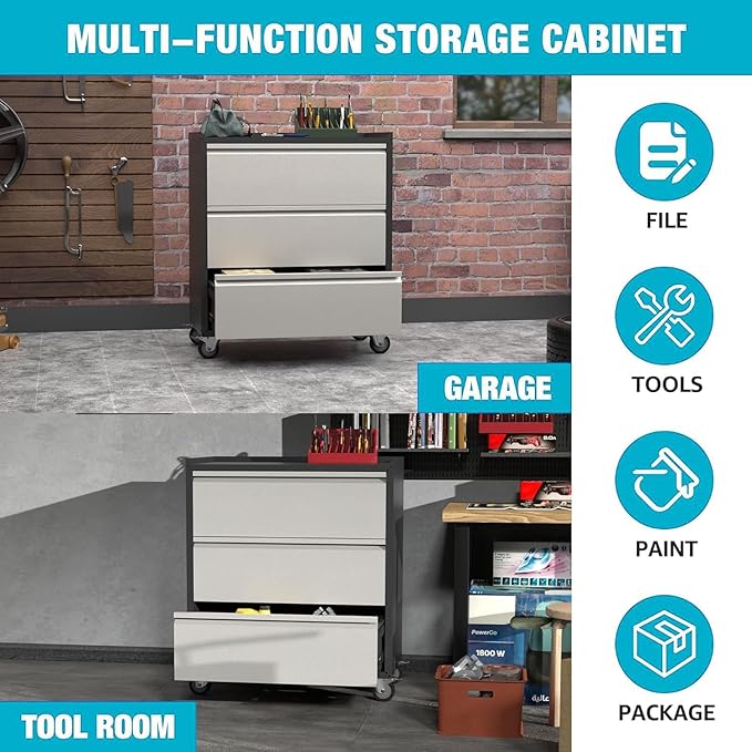3 Drawer Rolling Garage Storage Cabinet, Small Metal Tool Cabinet - Image 6