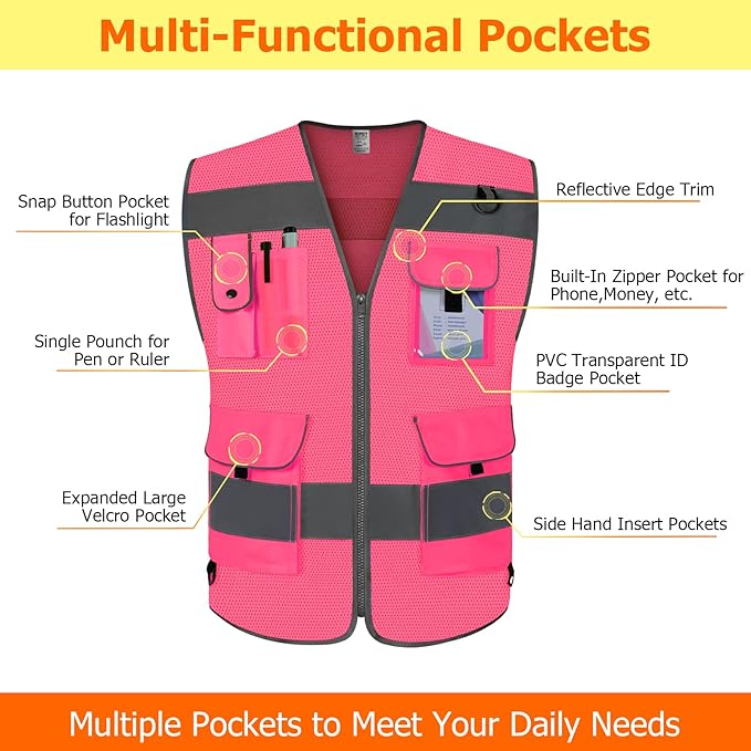 TCCFCCT Mesh Reflective Vest 9 Pockets High Visibility Safety Vest - Image 3
