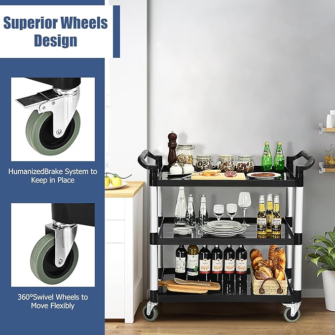 Goplus 3-Tier Utility Cart, Heavy-Duty Service Cart w/Lockable Wheels & Double - Image 2