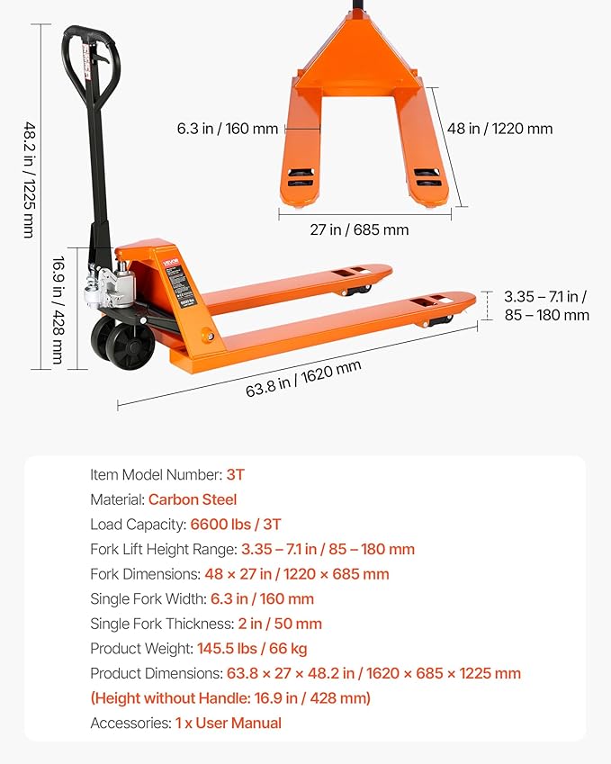 VEVOR Pallet Jack, 6600 lbs Load Capacity, Manual Pallet Truck - Image 7