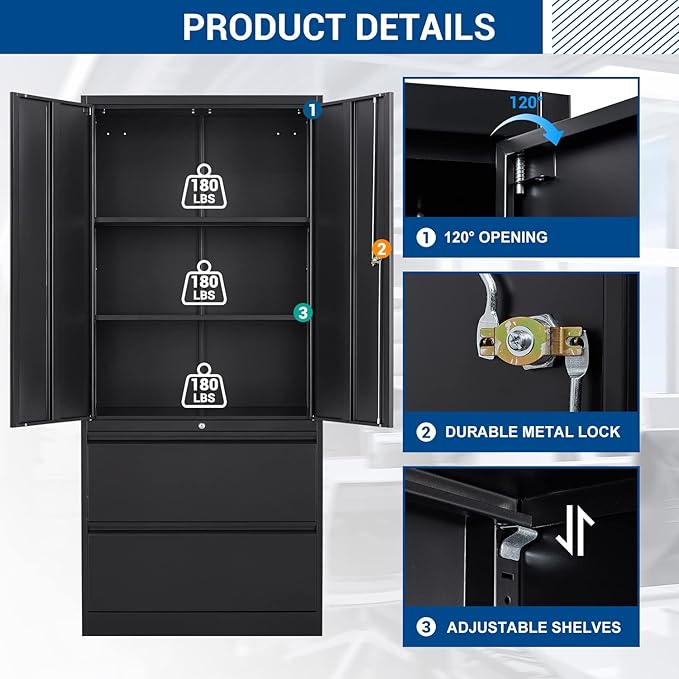 Metal Cabinets with Lockable Drawers and Doors Lateral File Cabinets Steel - Image 4