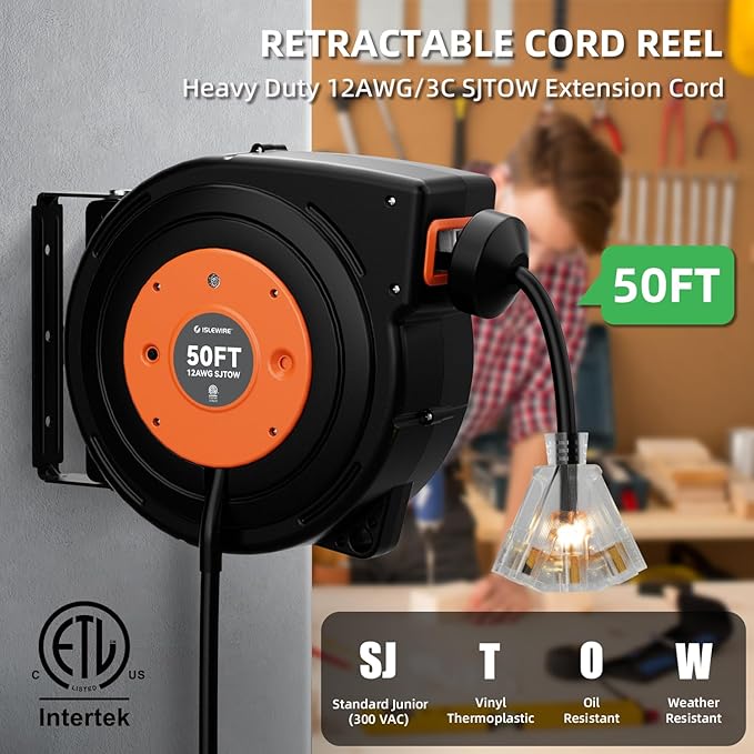 50 FT Retractable Extension Cord Reel, Heavy Duty 12AWG/3C SJTOW Power Cord - Image 2