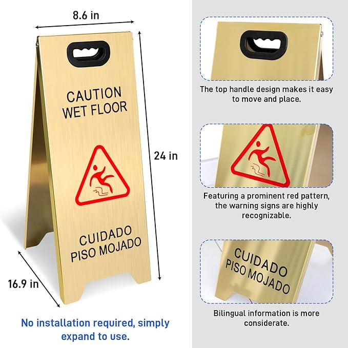 4 Pack Stainless Steel Wet Floor Sign, 24 Inch Caution Wet Floor Sign Portable - Image 3