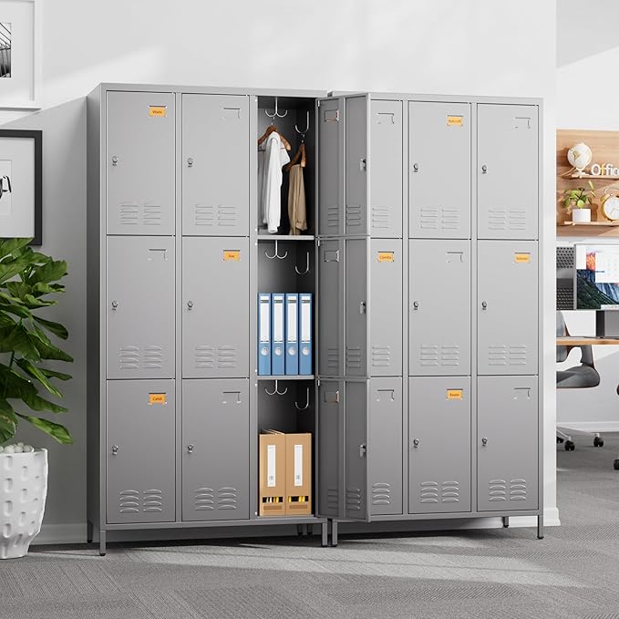 Employee Lockers with 27 Hooks, 9 Doors Metal Storage Locker with Card Holder - Image 2