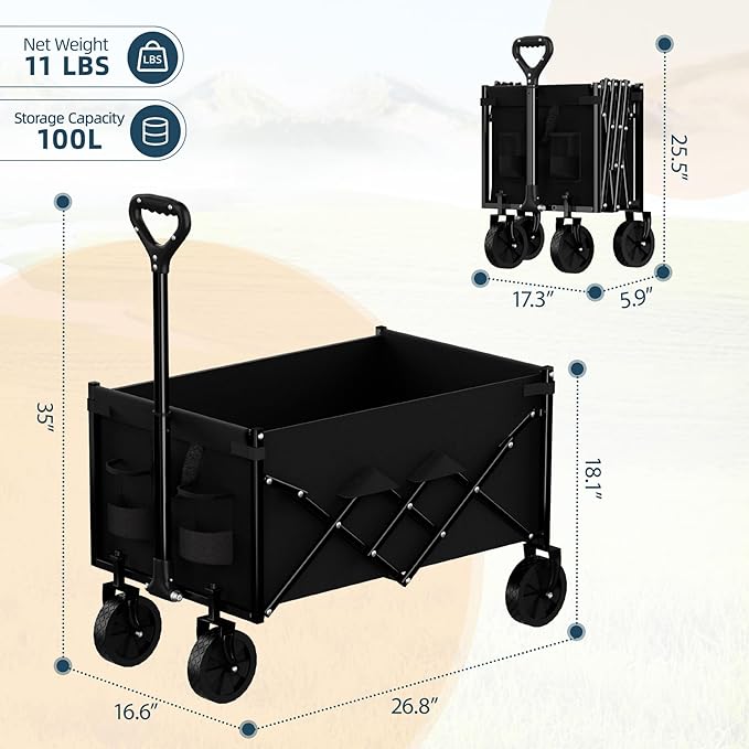 Favoyard Collapsible Wagon 100L & 330LBS, Heavy Duty Wagon Carts Foldable - Image 2