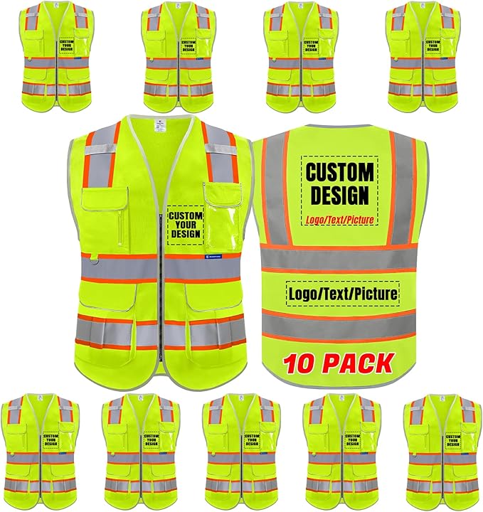 BeautyWill Custom Logo 10 Pockets Safety Vest Class2 ANSI Certified High by BeautyWill