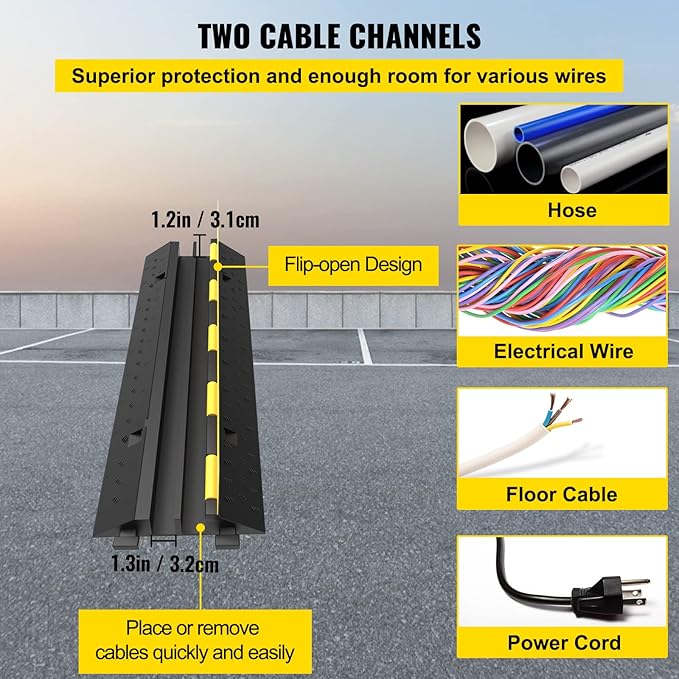 VEVOR 3 PCs Rubber Cable Protector Ramp, 2 Channel, 11000 lbs/axle Capacity - Image 3