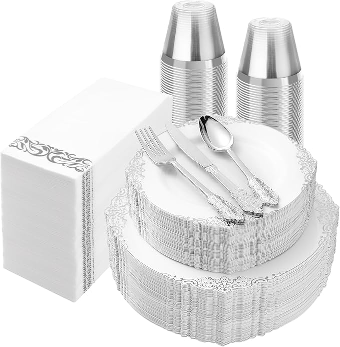 350PCS Silver Plastic Plates for 50 Guests, Disposable Dinnerware Set Includes by Bestluck