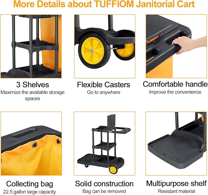 TUFFIOM Commercial Traditional Cleaning Janitorial 3-Shelf Cart, 500 Lbs - Image 6