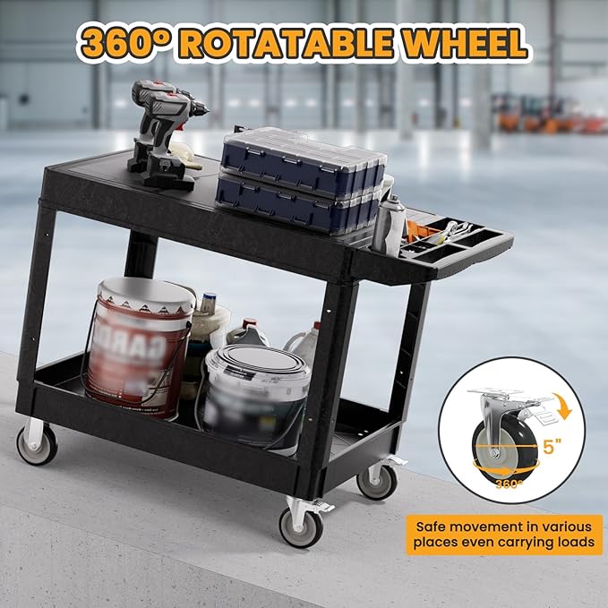 2-Tier Rolling Tool Cart, Heavy-Duty Plastic Service Cart - Image 4