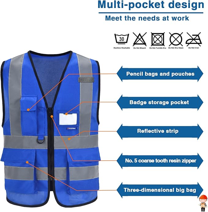 A-SAFETY Blue High Visibility Vests Reflective Work Vest, Hi Vis Bright Neon - Image 4