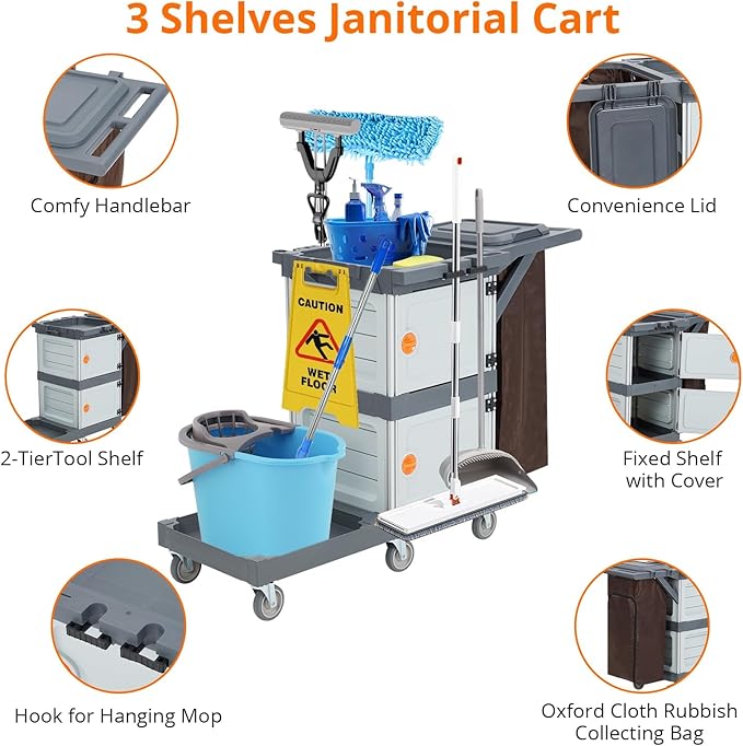Commercial 3-Shelf Janitorial Cart - Image 3