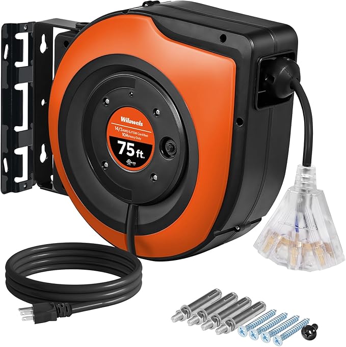 Retractable Cord Reel, 75 FT Heavy Duty Extension Cord, 14AWG/3C SJTOW by Wilawels