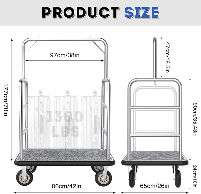 Hotel Luggage Cart, 1300LBS Load Capacity Bellman's Cart - Image 2