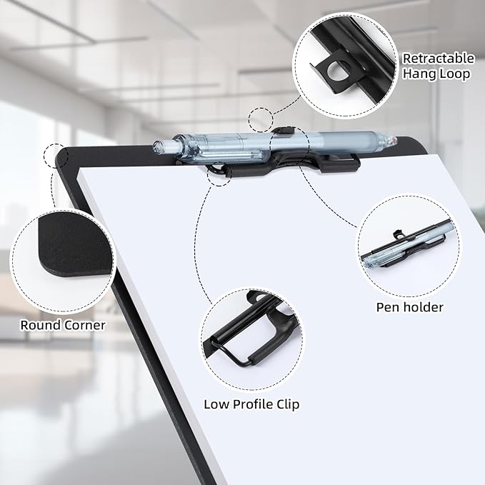 Clipboard with Pen Holder, Plastic Clipboard with Low Profile Metal Clip - Image 3