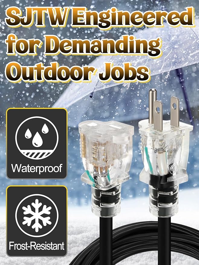 Lighted End Heavy Duty Outdoor Extension Cord Waterproof -16AWG, 3 Prong - Image 2