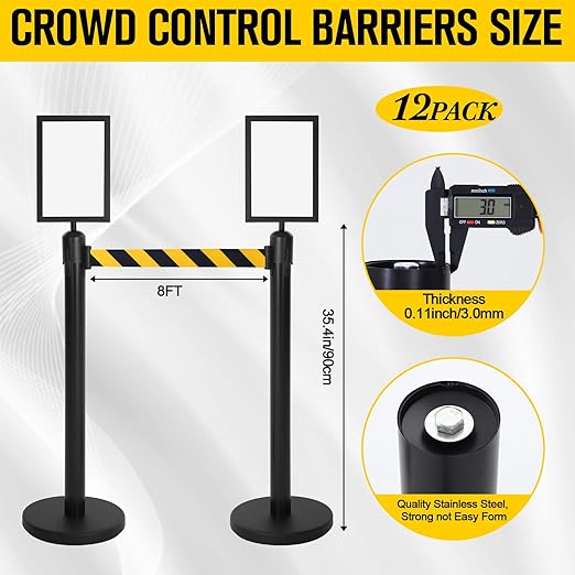 Therwen 12 Pcs Stanchions with 8.2 ft Retractable Belt Black Yellow Crowd - Image 2
