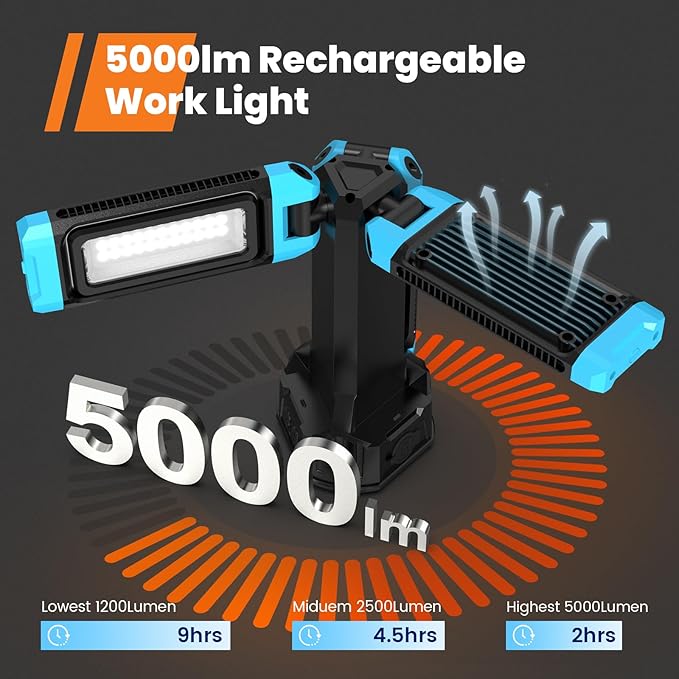 5000 Lumen Work Light with Stand, GoGonova 67'' Rechargeable Cordless Work - Image 2