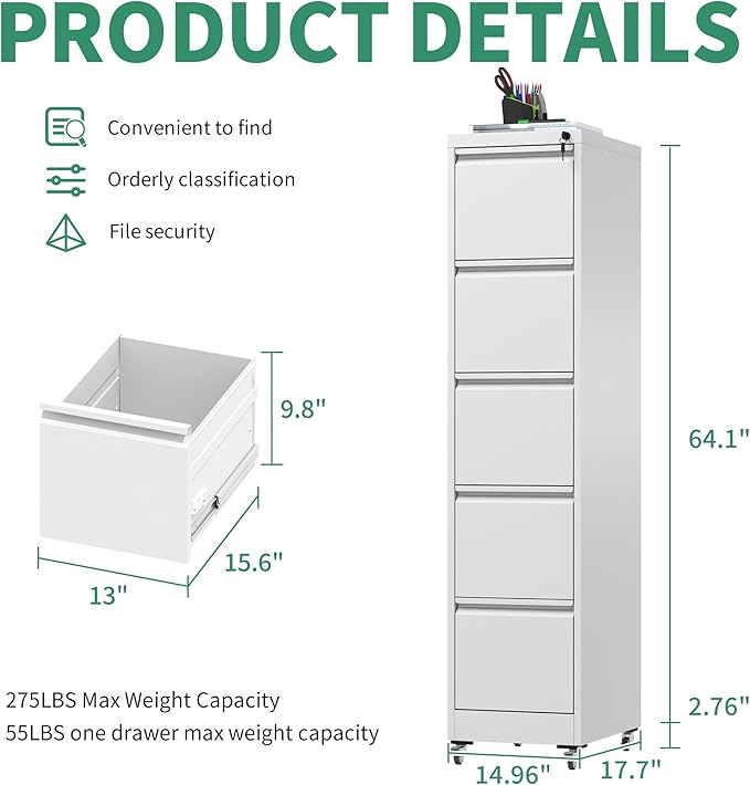 5 Drawer Mobile File Cabinet, Under Desk File Cabinet, Metal Filing Cabinets - Image 2