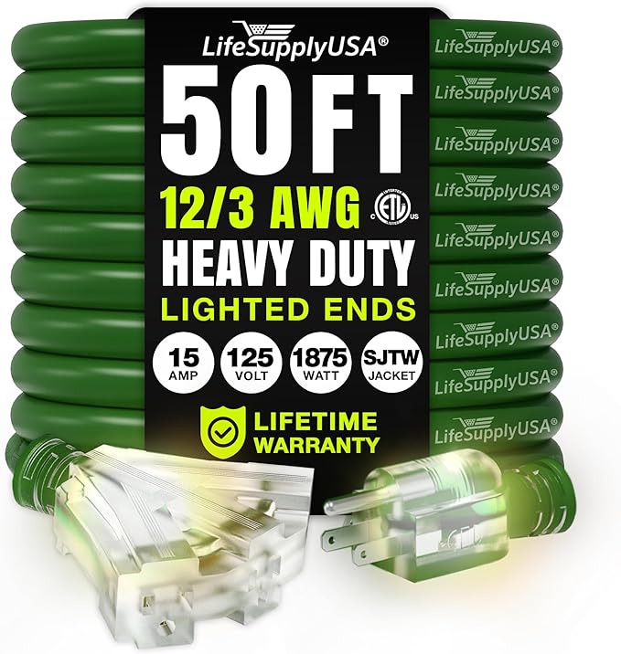 50ft Outdoor/Indoor Extension Cord 3-Outlet 12/3 Gauge Extra Heavy Duty ETL by LifeSupplyUSA