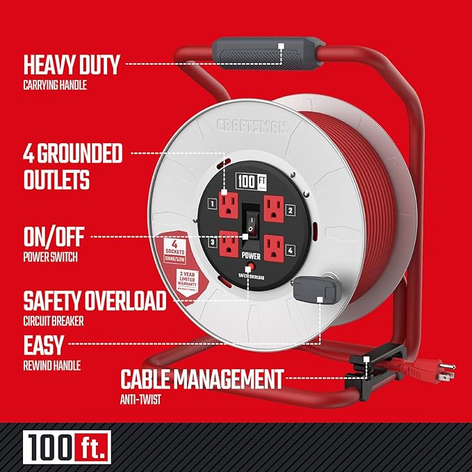 CRAFTSMAN 100 Ft. Contractor Retractable Extension Cord Reel - Image 2