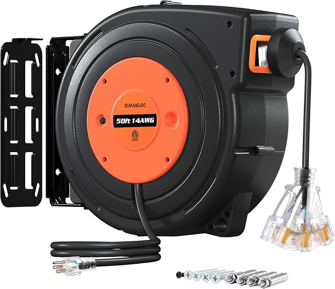 SURAIELEC 50FT Retractable Extension Cord Reel, 14AWG/3C SJTOW Heavy Duty Power by SURAIELEC