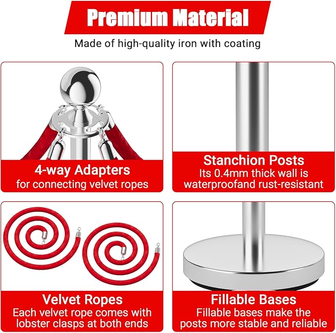 4Pcs Stanchions and Cords Silver Stainless Steel Crowd Control Barriers - Image 4